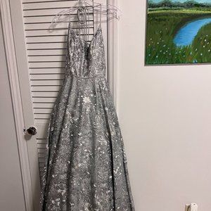 Silver Floral & Sequin Embroidered Prom Dress Ball Gown
